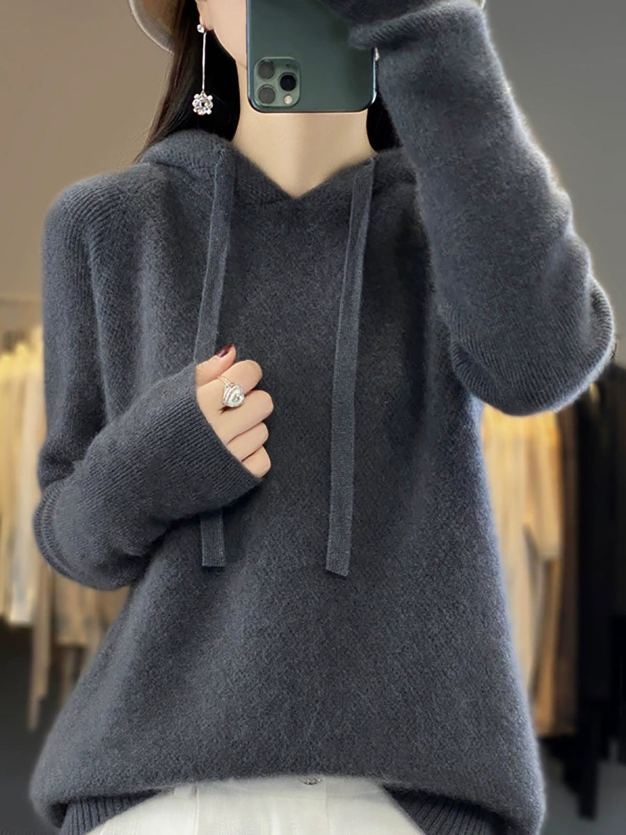 Women Autumn Casual Pure Color Hooded Sweater