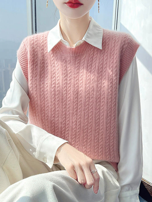 Women Autumn Casual Pure Color O-Neck Knitted Vest