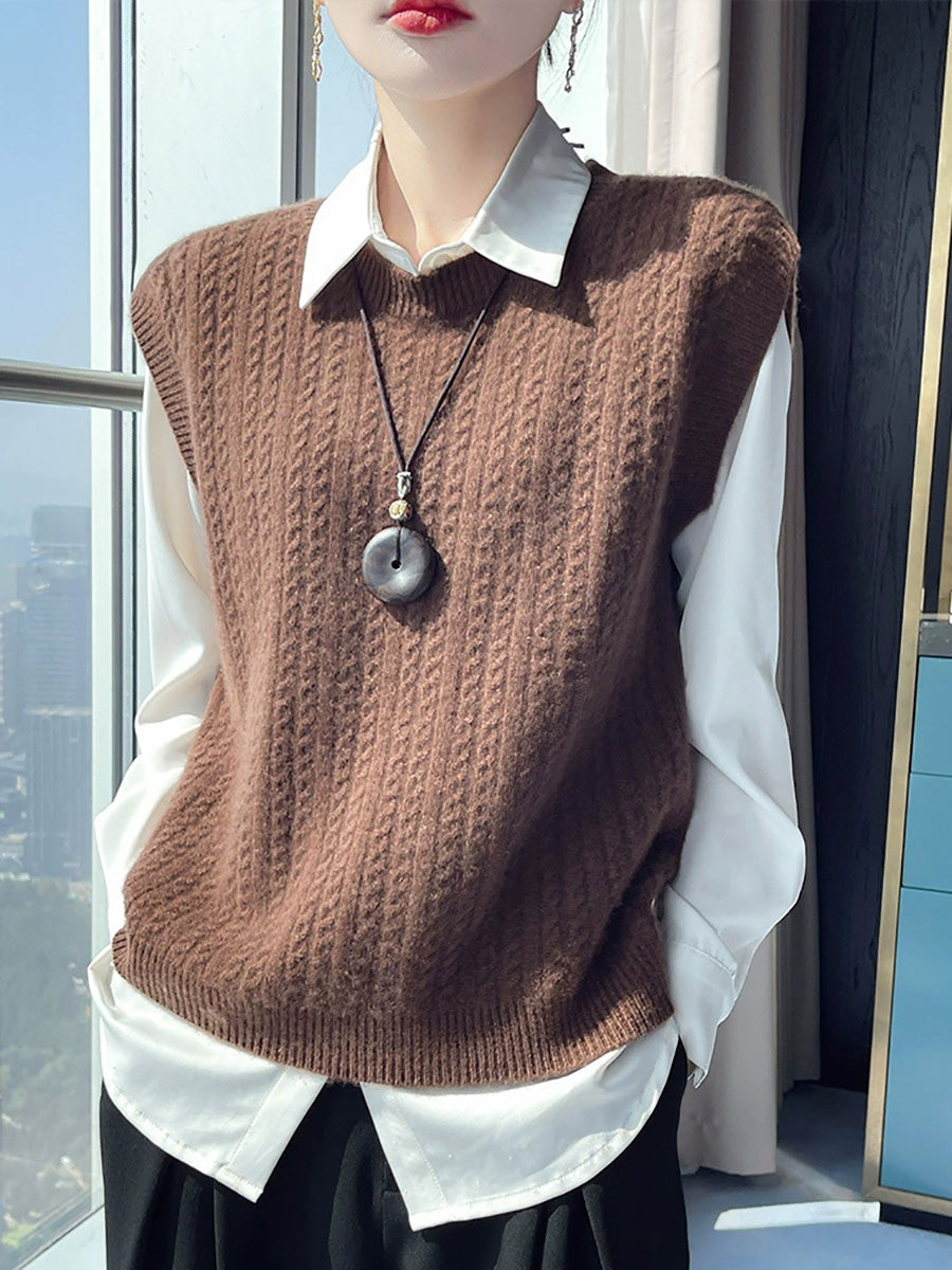 Women Autumn Casual Pure Color O-Neck Knitted Vest