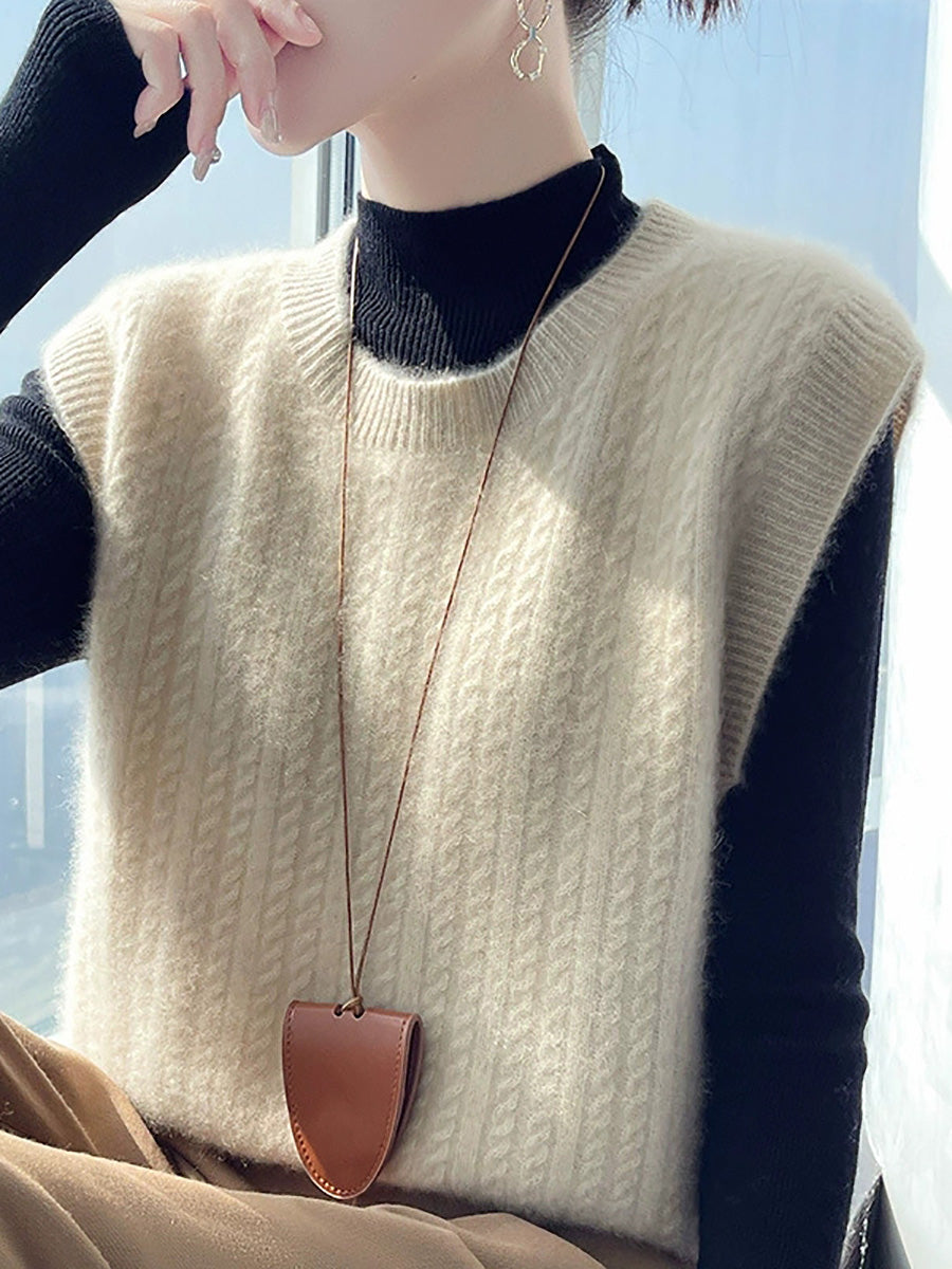 Women Autumn Casual Pure Color O-Neck Knitted Vest