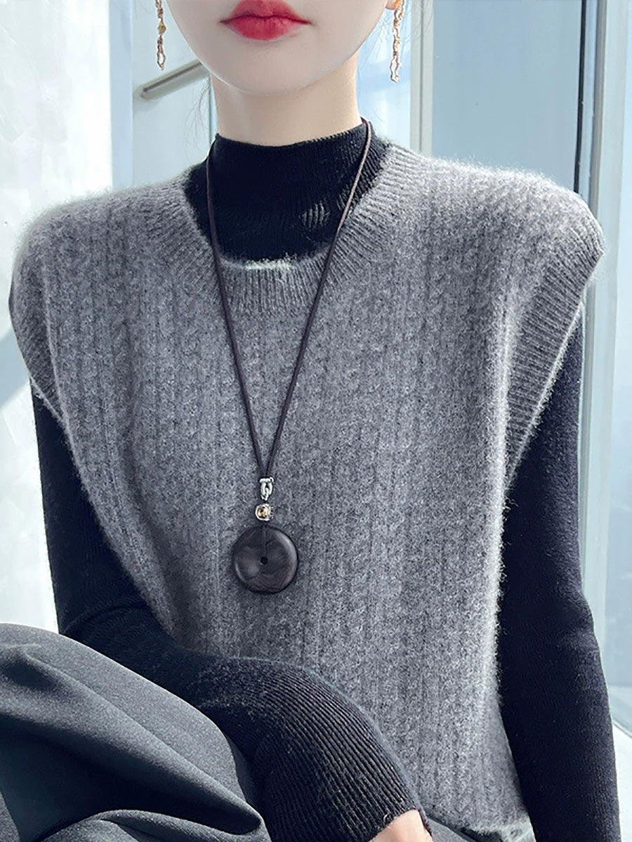 Women Autumn Casual Pure Color O-Neck Knitted Vest