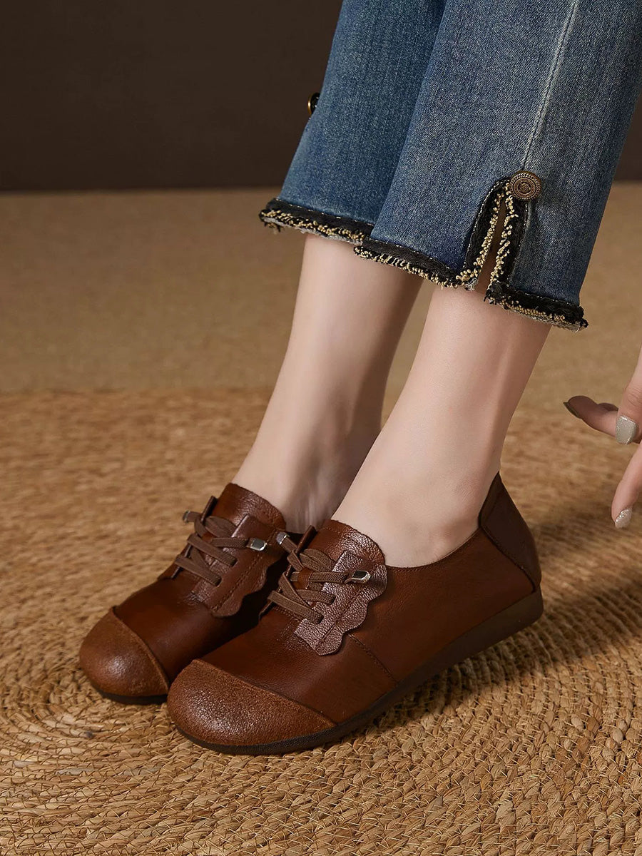 Women Autumn Genuine Leather Spliced Flat Shoes