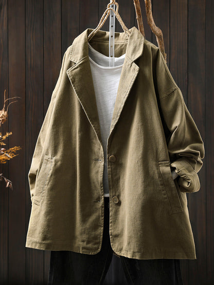 Plus Size Women Autumn Pure Color Cotton Cardigan Coat