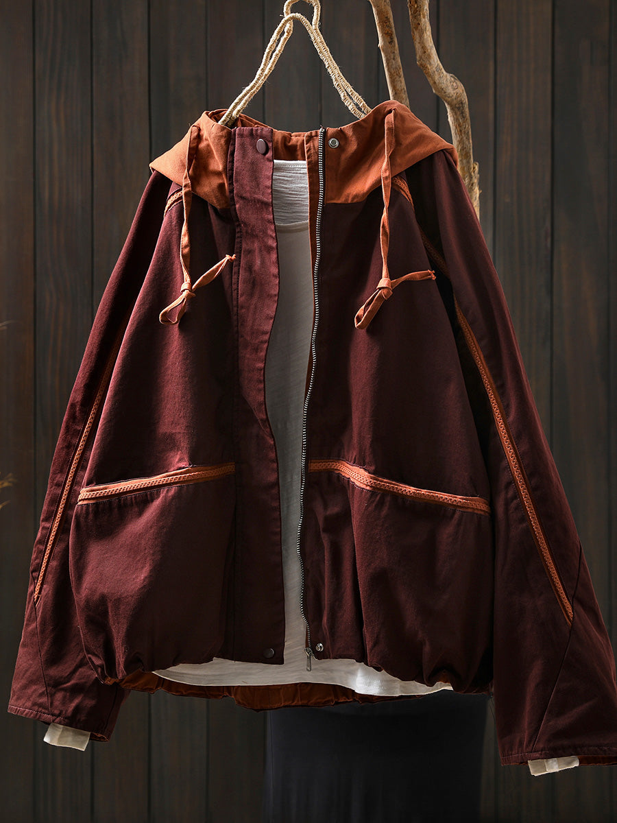 Women Autumn Colorblock Hooded Cotton Cardigan Coat