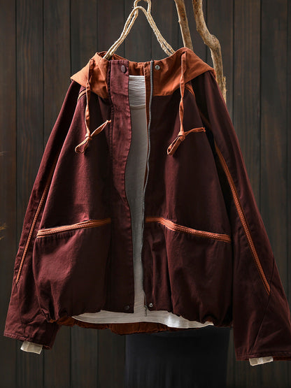 Women Autumn Colorblock Hooded Cotton Cardigan Coat