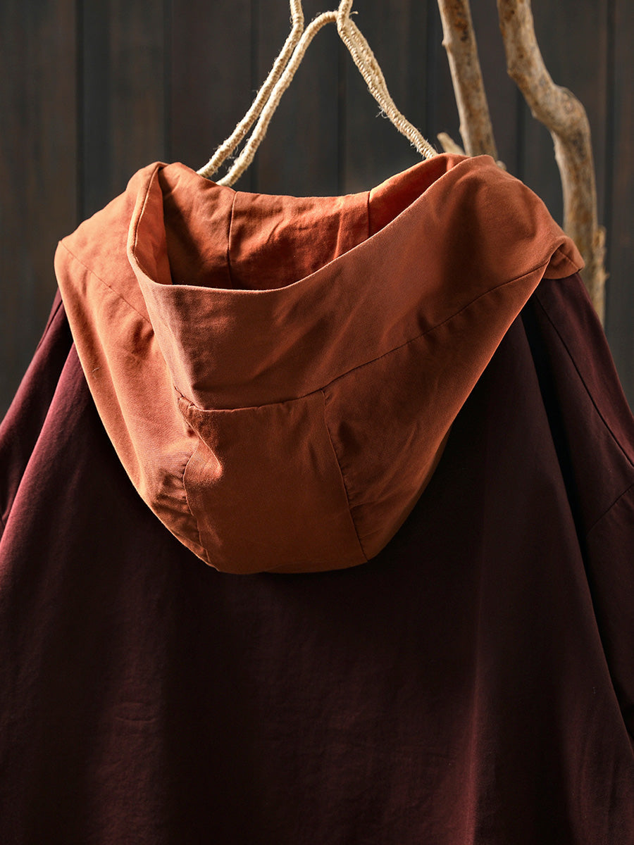 Women Autumn Colorblock Hooded Cotton Cardigan Coat