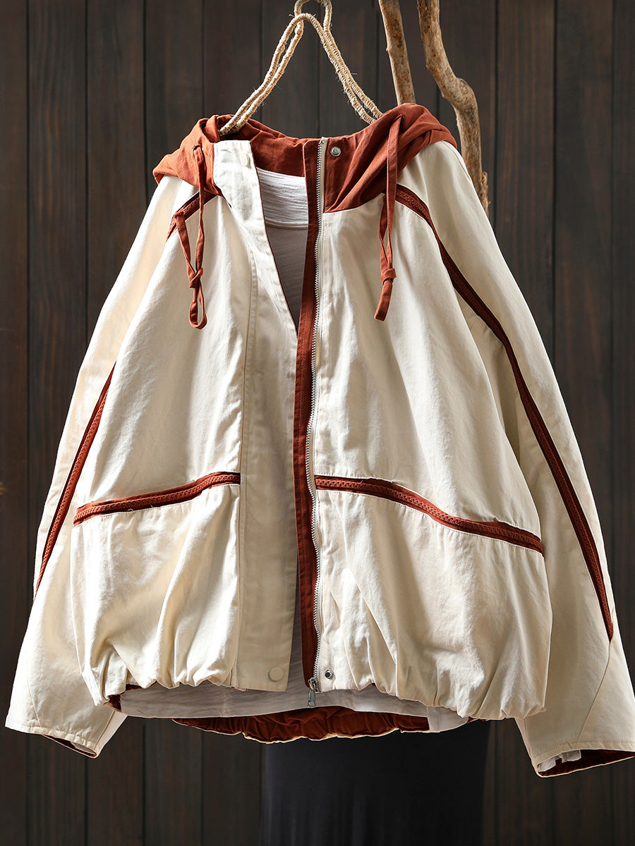 Women Autumn Colorblock Hooded Cotton Cardigan Coat