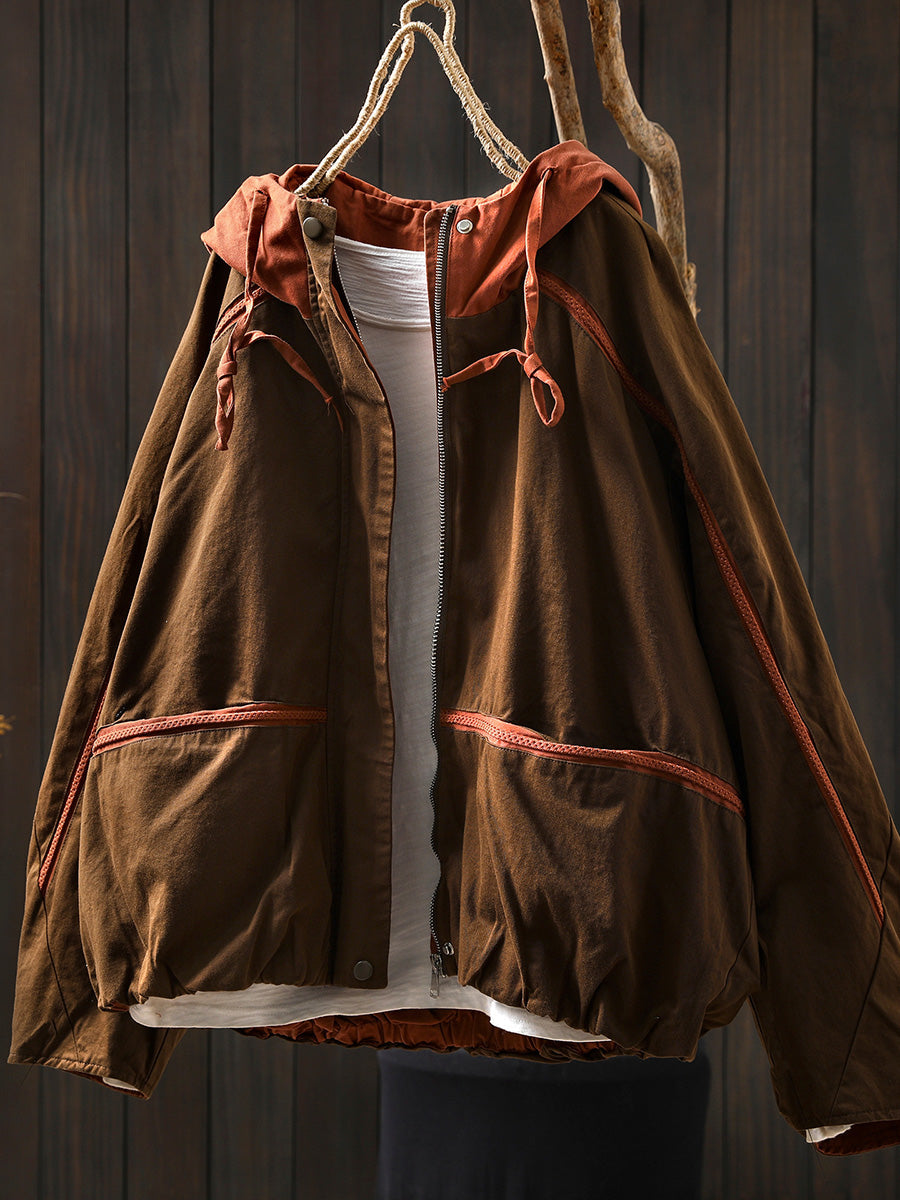 Women Autumn Colorblock Hooded Cotton Cardigan Coat