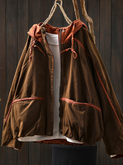 Women Autumn Colorblock Hooded Cotton Cardigan Coat