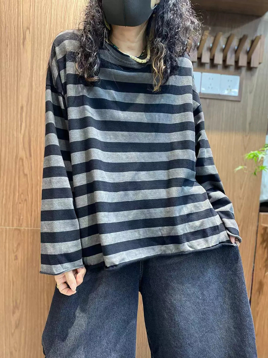 Women Autumn Casual Stripe Cotton O-Neck Shirt