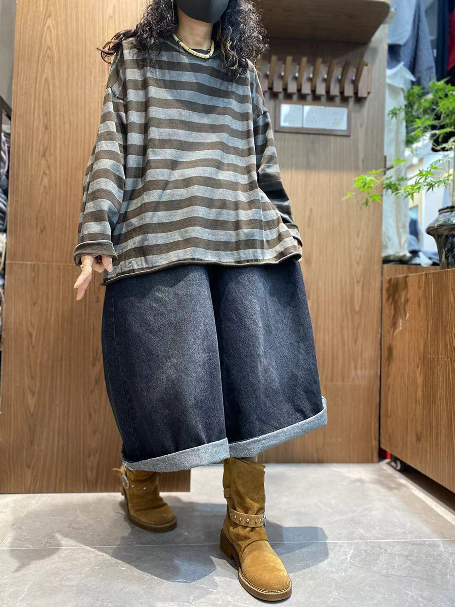 Women Autumn Casual Stripe Cotton O-Neck Shirt