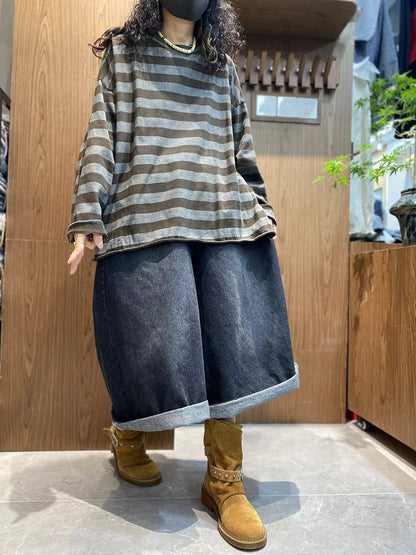 Women Autumn Casual Stripe Cotton O-Neck Shirt