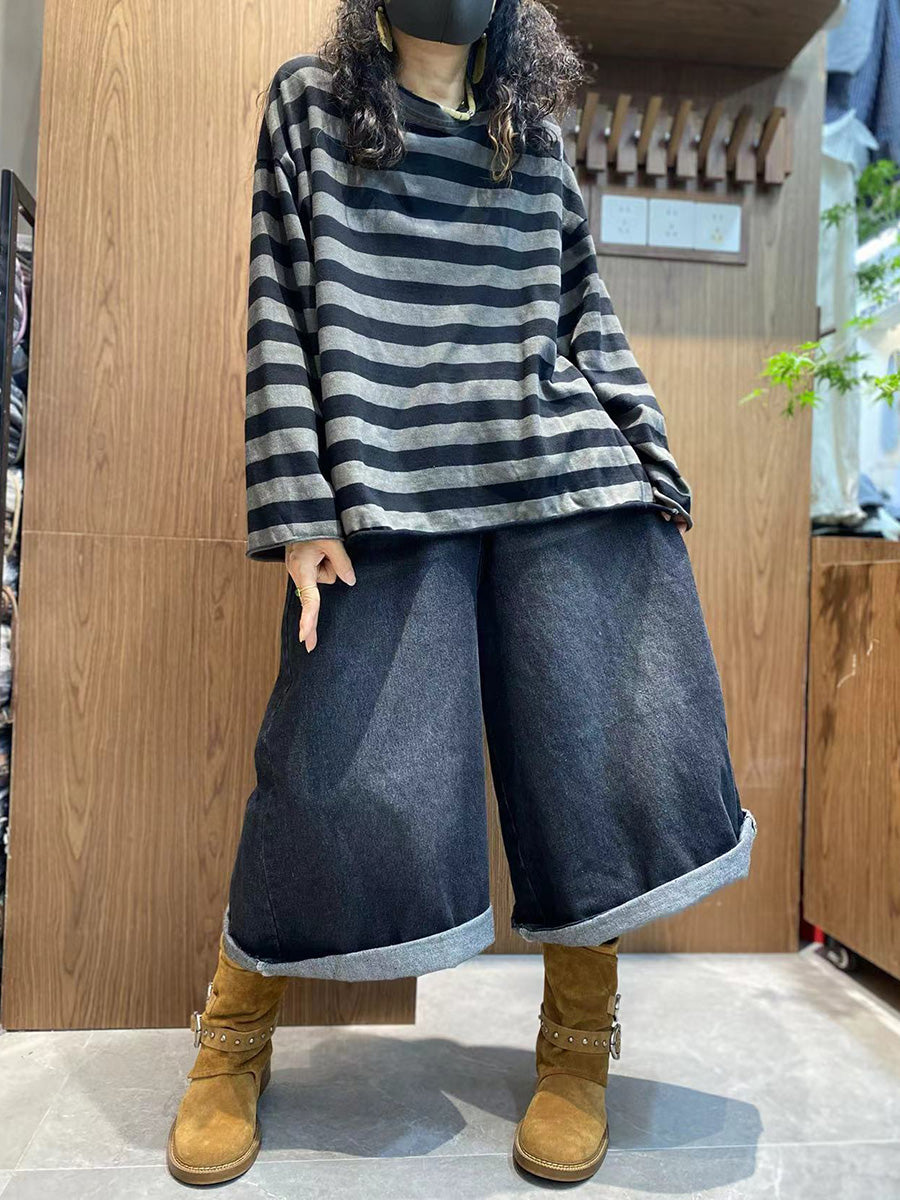 Women Autumn Casual Stripe Cotton O-Neck Shirt