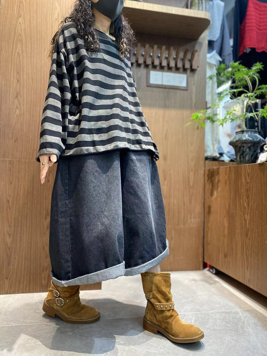 Women Autumn Casual Stripe Cotton O-Neck Shirt