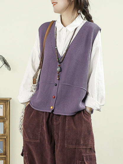 Women Autumn Casual Pure Color V-Neck Knitted Vest