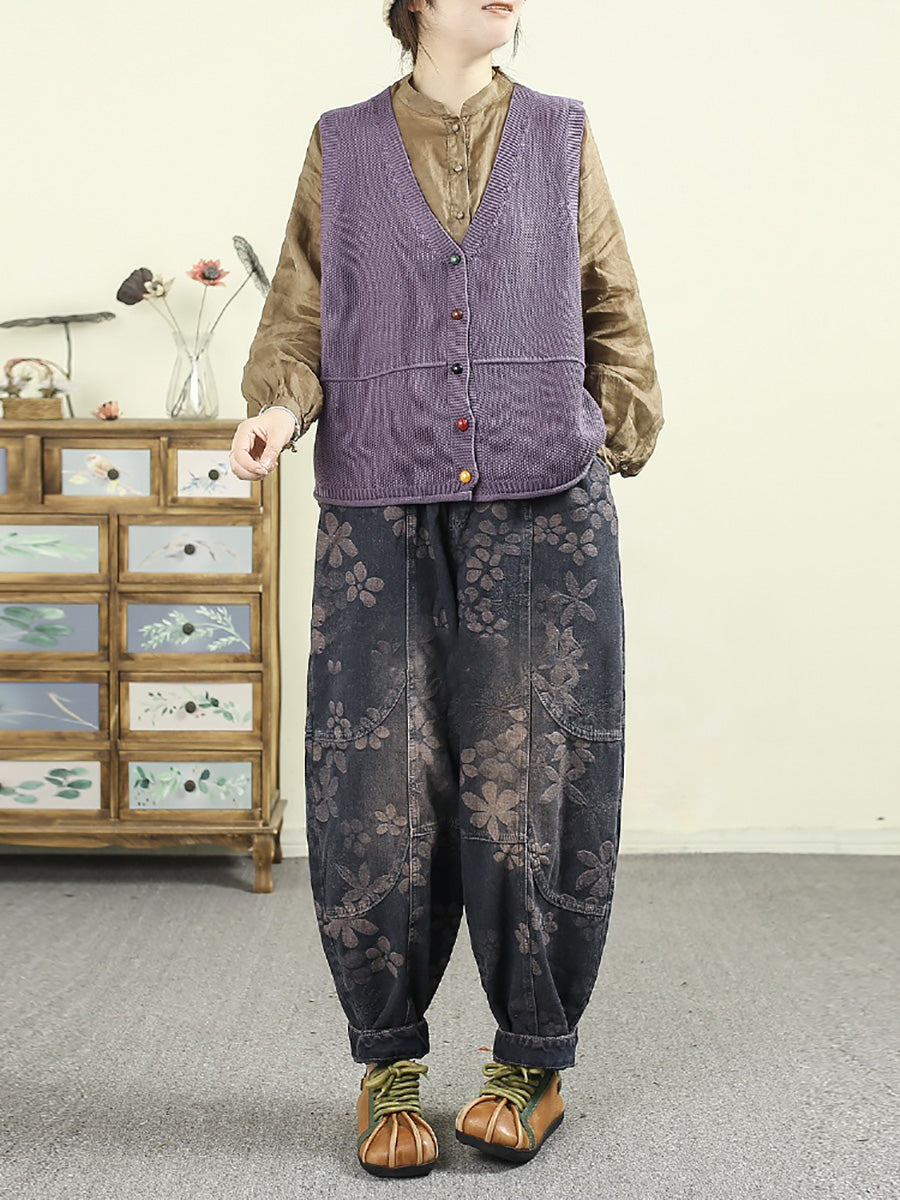 Women Autumn Casual Pure Color V-Neck Knitted Vest