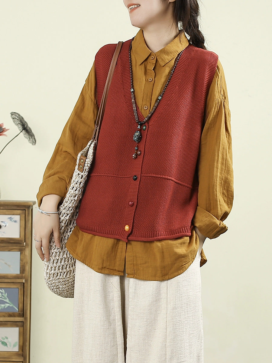 Women Autumn Casual Pure Color V-Neck Knitted Vest