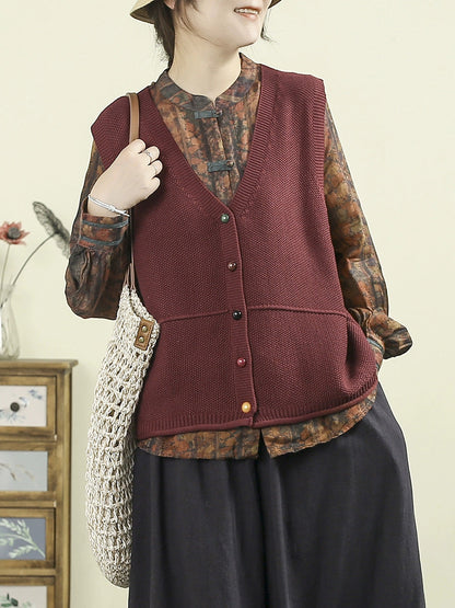 Women Autumn Casual Pure Color V-Neck Knitted Vest