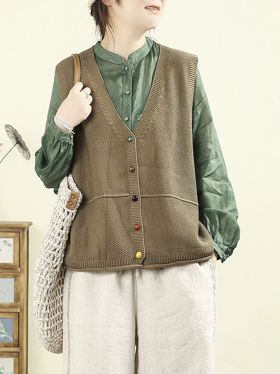 Women Autumn Casual Pure Color V-Neck Knitted Vest