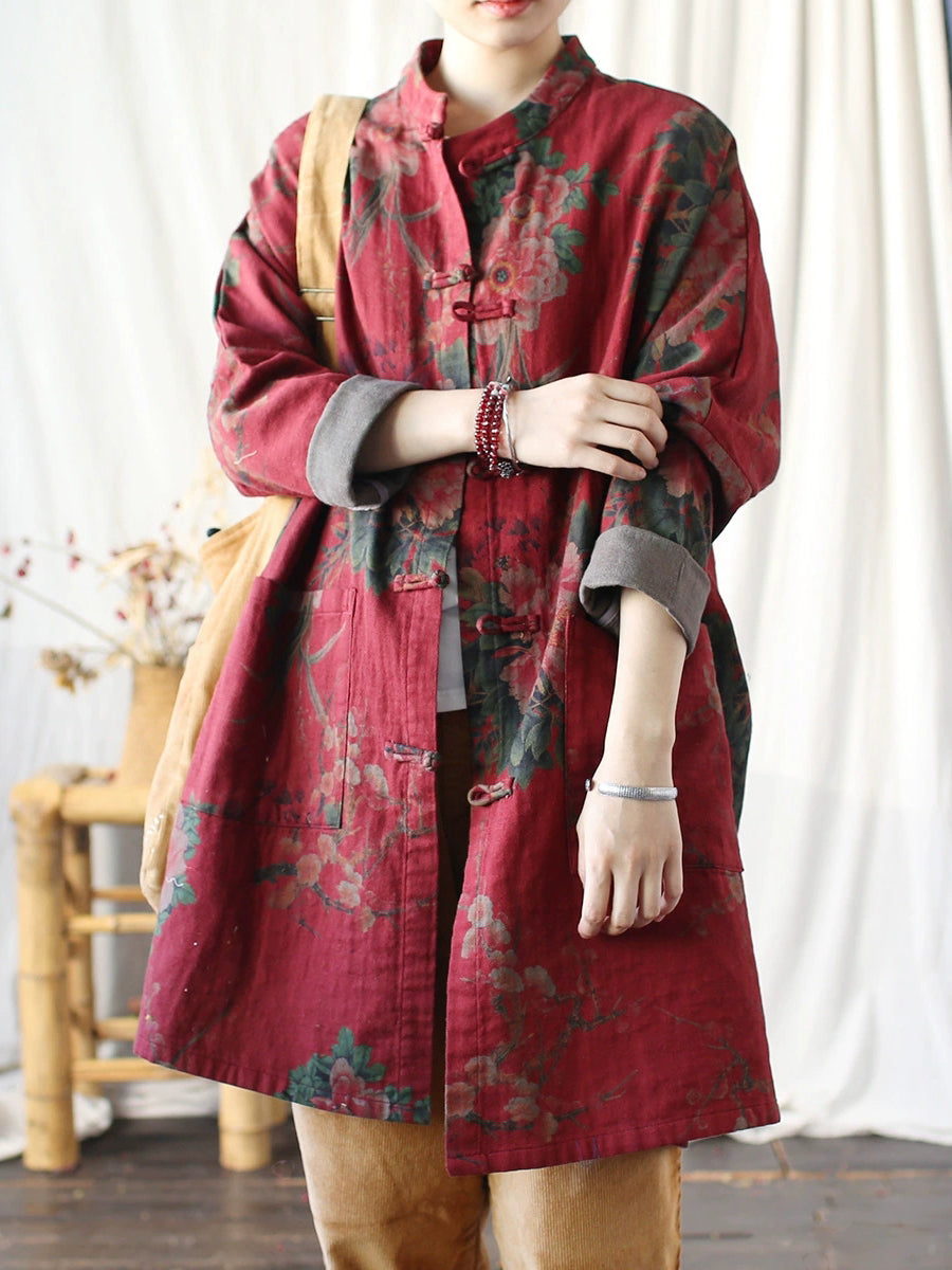 Women Autumn Ethnic Flower Stand Collar Cotton Coat