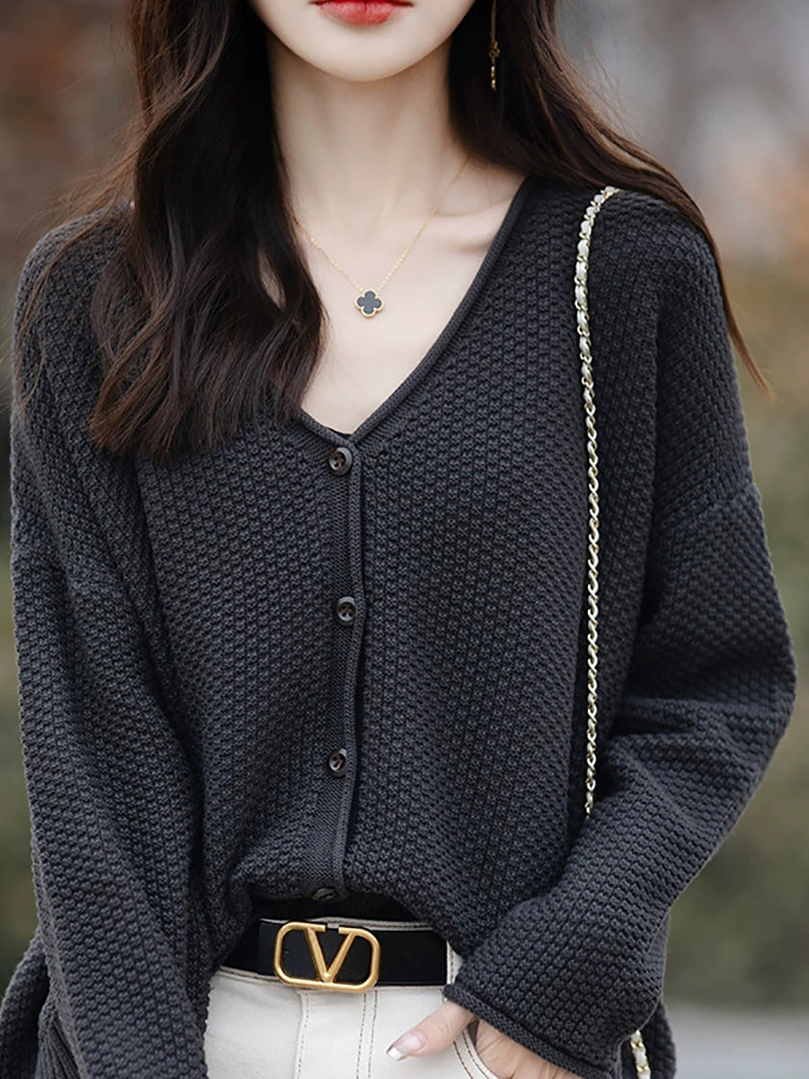 Women Autumn Casual Knitted V-Neck Cardigan Sweater