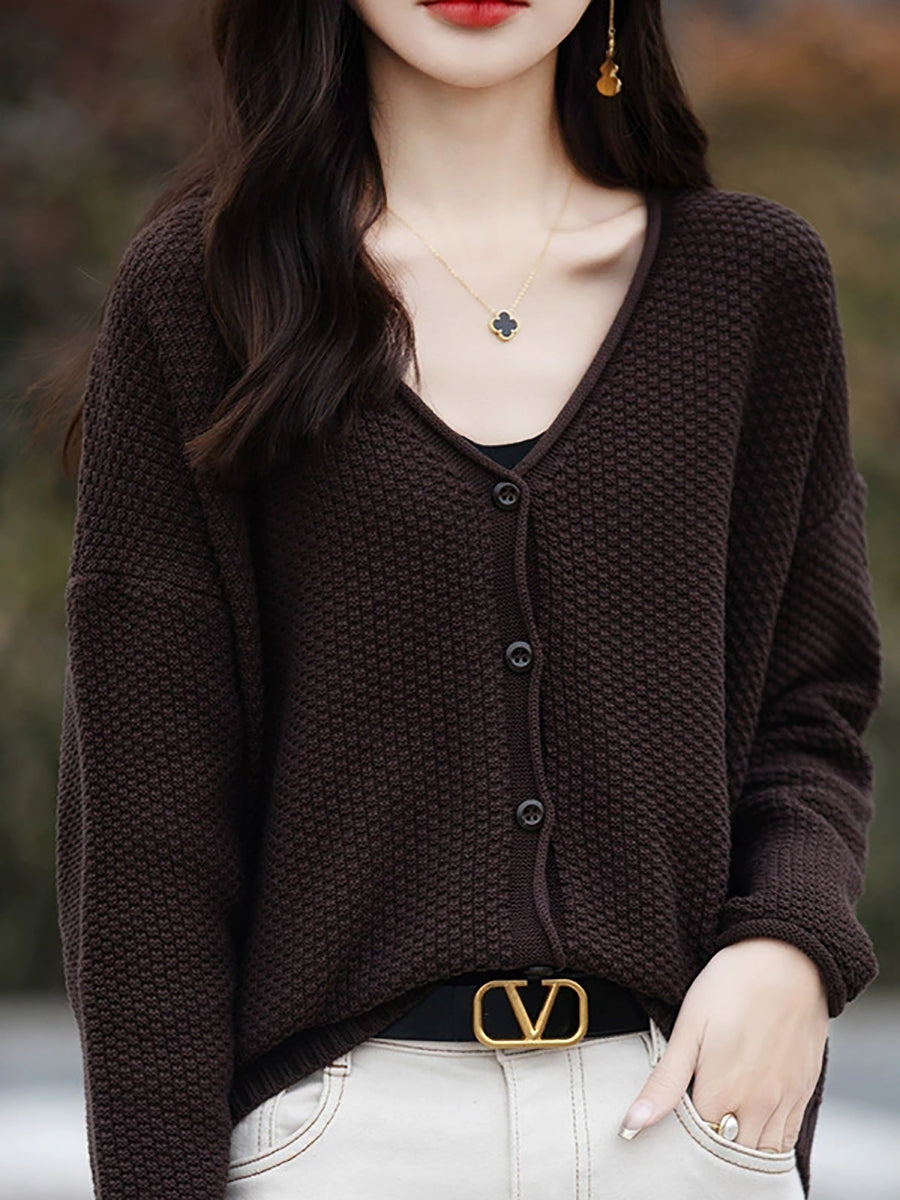 Women Autumn Casual Knitted V-Neck Cardigan Sweater