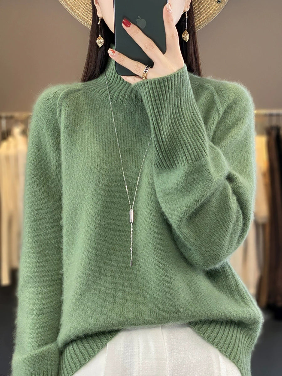 Women Autumn Casual Pure Color Turtleneck Sweater