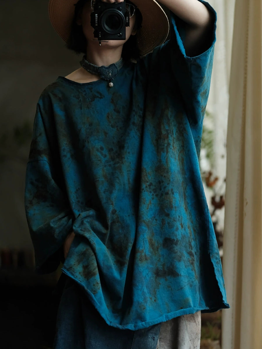 Women Autumn Vintage O-Neck Tie-dye Cotton Shirt