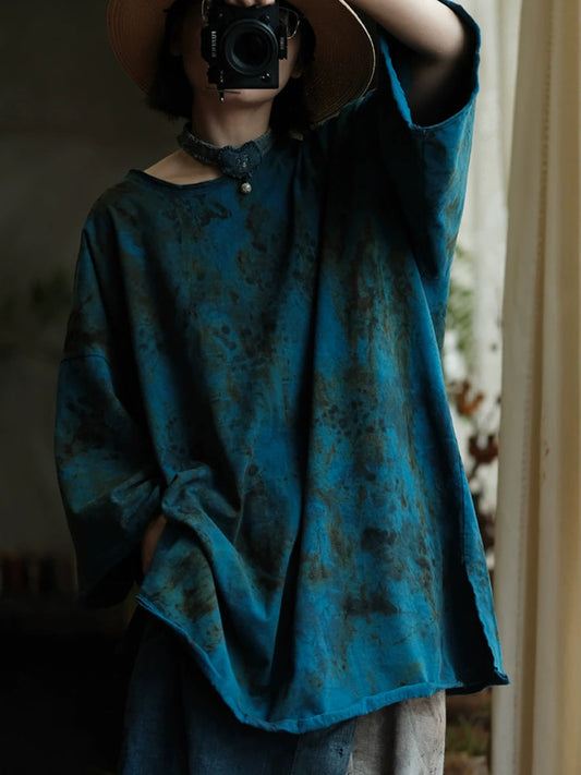 Women Autumn Vintage O-Neck Tie-dye Cotton Shirt