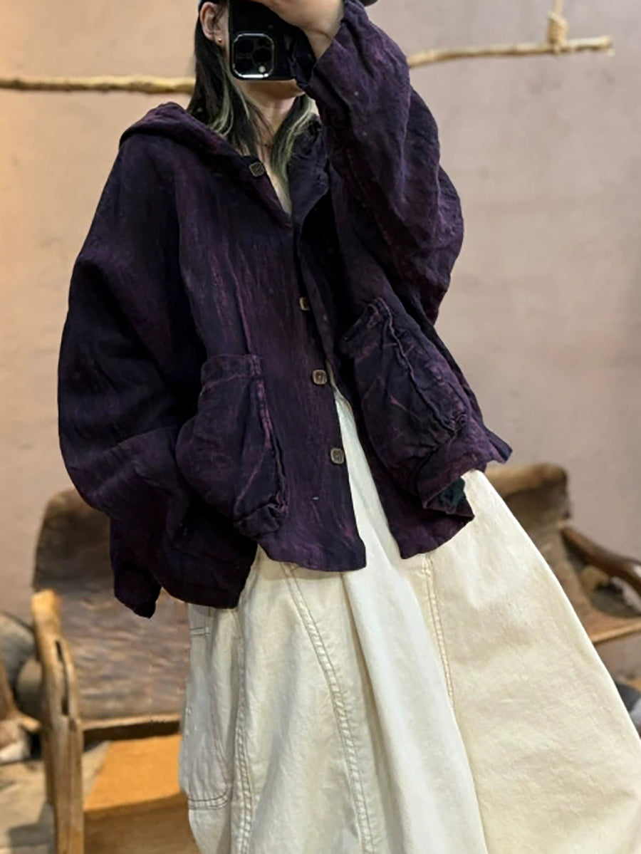 Women Autumn Retro Pure Color Hoodie Coat