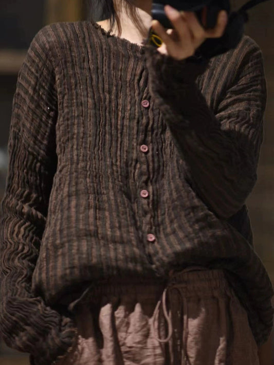 Plus Size Women Autumn Retro Stripe Linen O-Neck Shirt