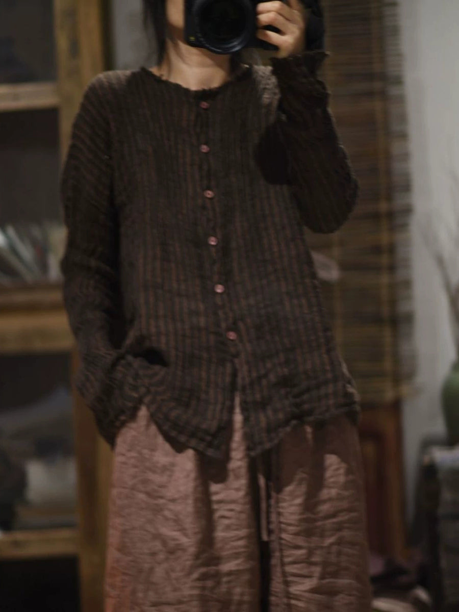 Plus Size Women Autumn Retro Stripe Linen O-Neck Shirt