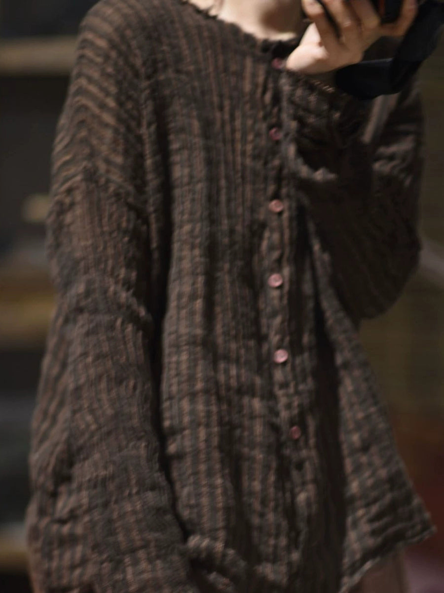 Plus Size Women Autumn Retro Stripe Linen O-Neck Shirt