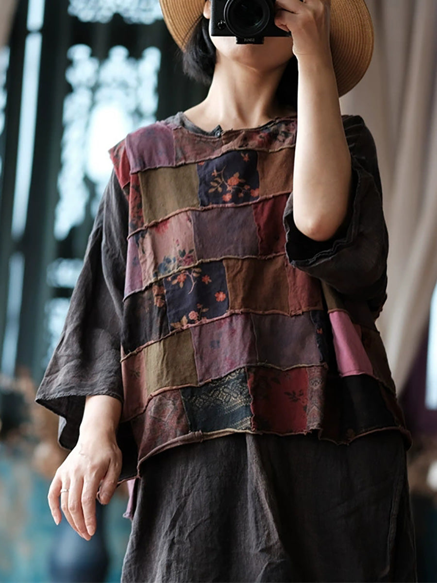 Women Autumn Retro Patchwork Cotton O-Neck Shirt