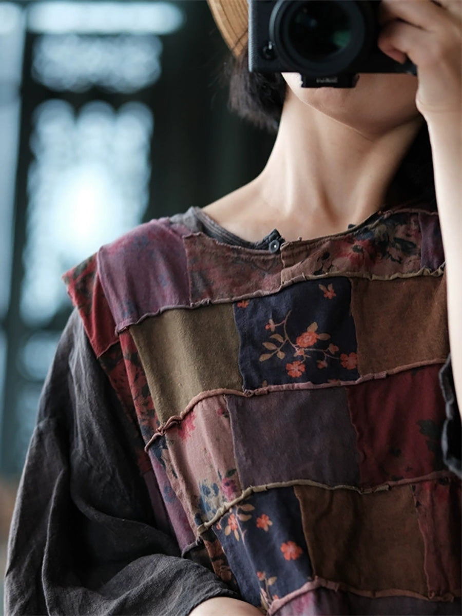 Women Autumn Retro Patchwork Cotton O-Neck Shirt