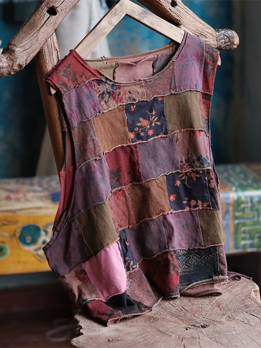 Women Autumn Retro Patchwork Cotton O-Neck Shirt