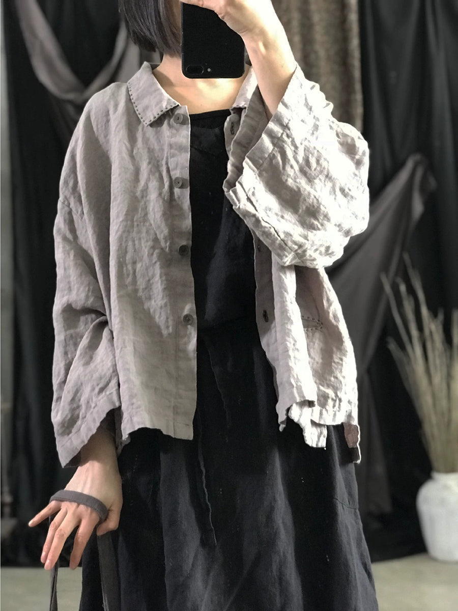Women Autumn Retro Pure Color Linen Turn-down Collar Shirt