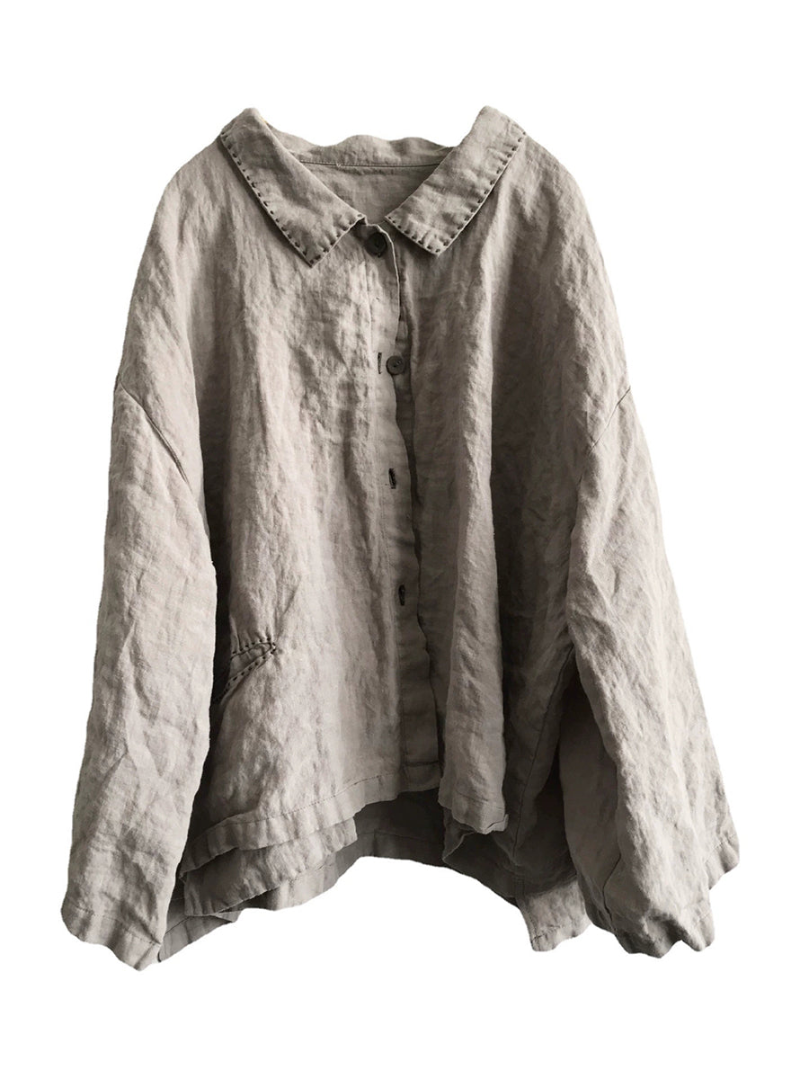 Women Autumn Retro Pure Color Linen Turn-down Collar Shirt