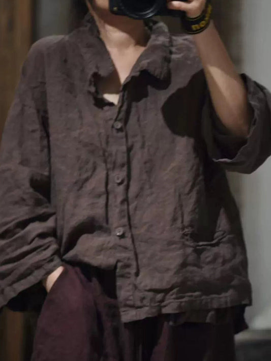 Women Autumn Retro Pure Color Linen Turn-down Collar Shirt