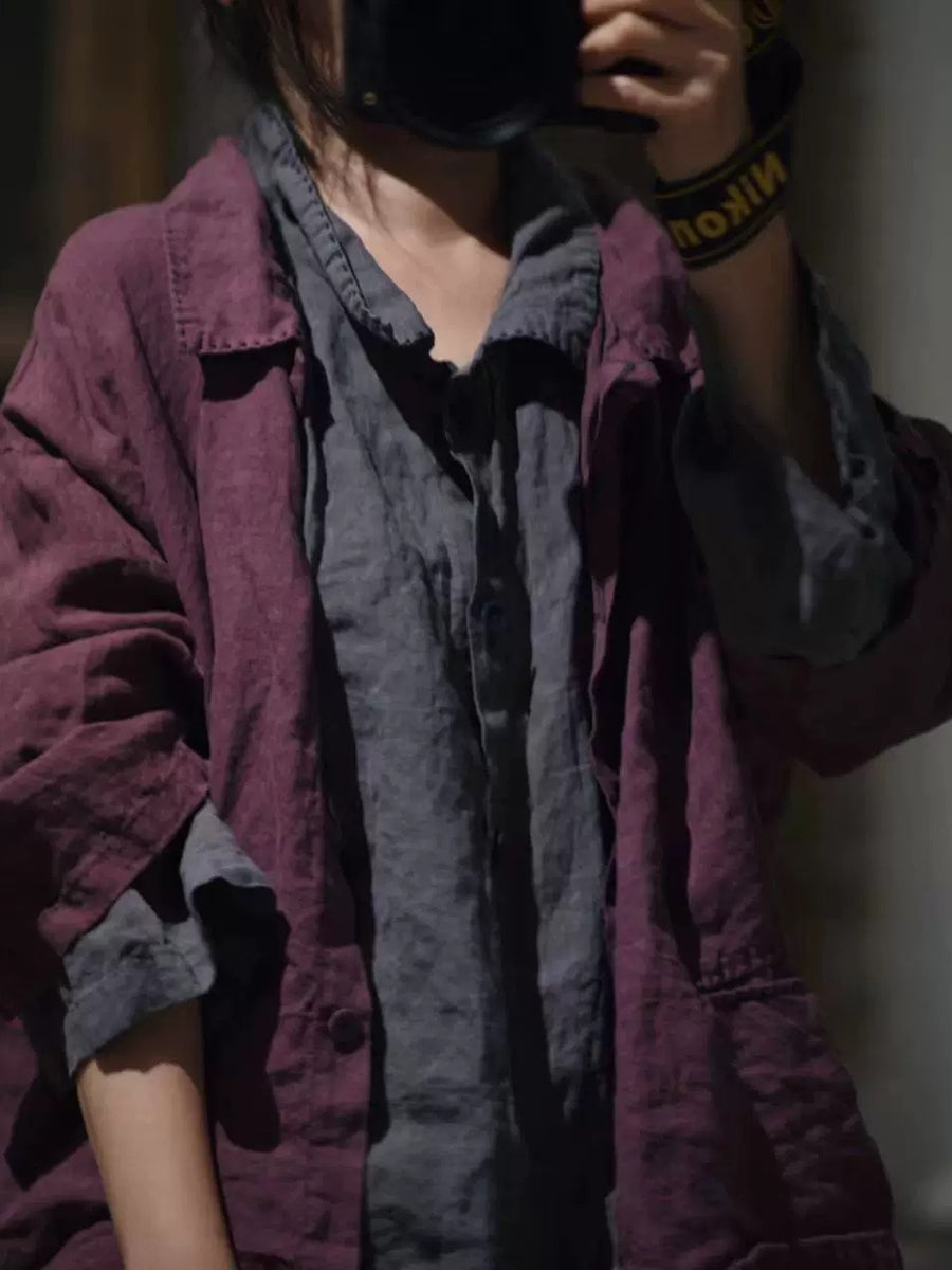 Women Autumn Retro Pure Color Linen Turn-down Collar Shirt