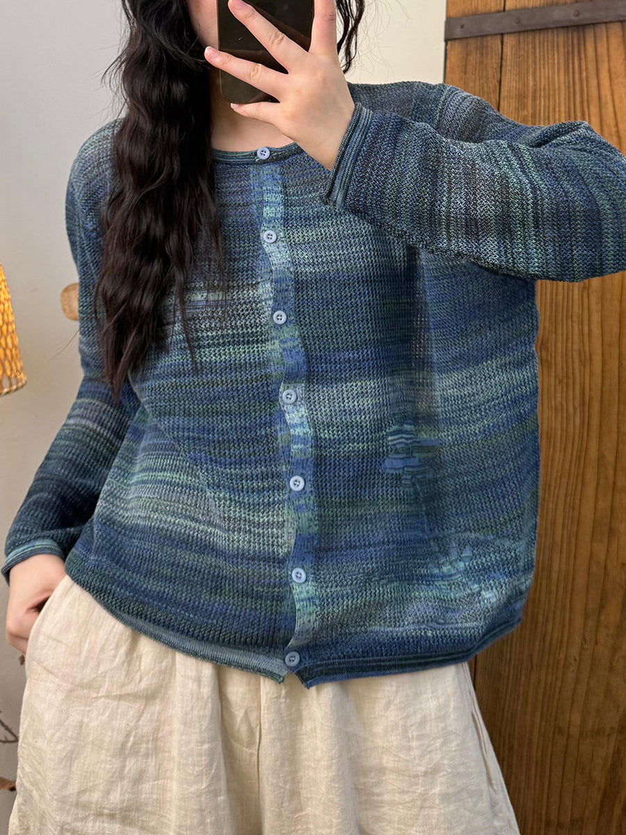 Women Autumn Artsy Gradient Color Knitted O-Neck Shirt