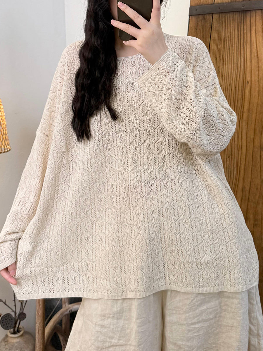 Women Autumn Casual Pure Color Linen Knitted O-Neck Shirt