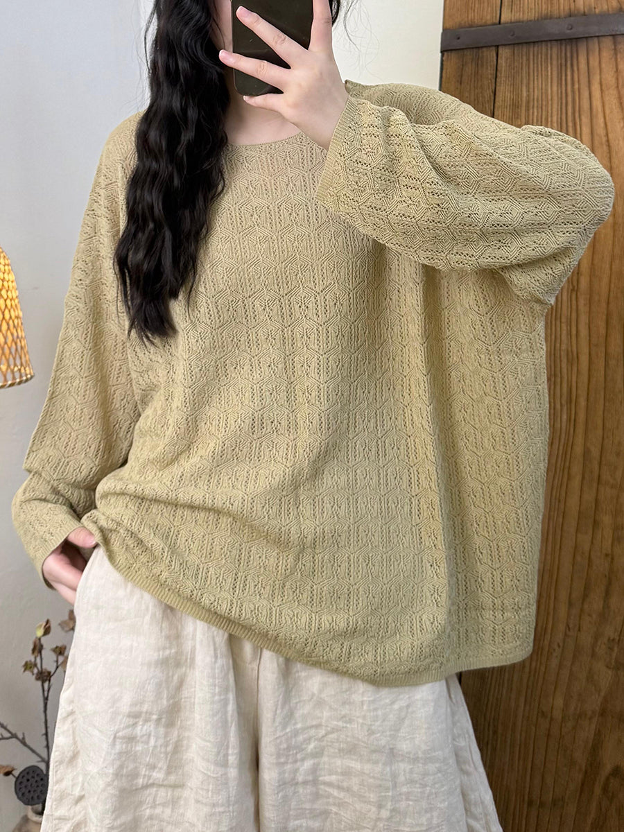 Women Autumn Casual Pure Color Linen Knitted O-Neck Shirt