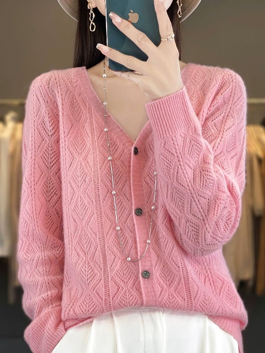 Women Autumn Casual Pure Color V-Neck Sweater