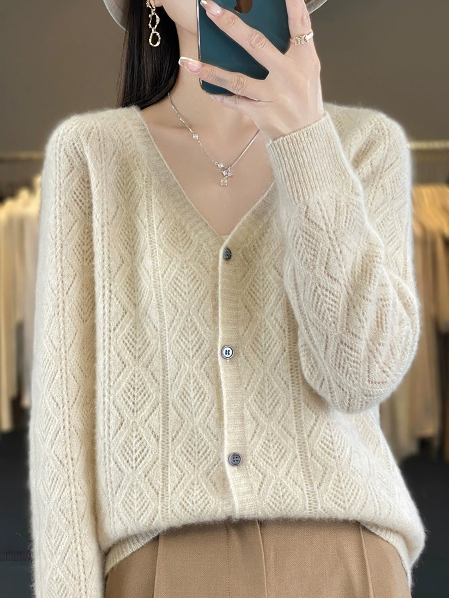 Women Autumn Casual Pure Color V-Neck Sweater