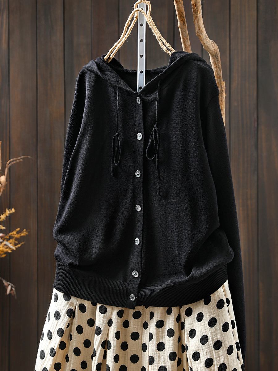 Women Autumn Casual Pure Color Hooded Knitted Blouse