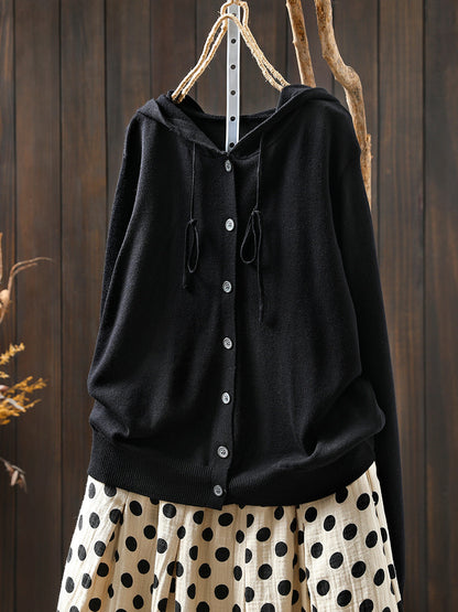 Women Autumn Casual Pure Color Hooded Knitted Blouse