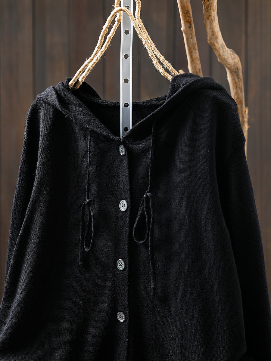 Women Autumn Casual Pure Color Hooded Knitted Blouse