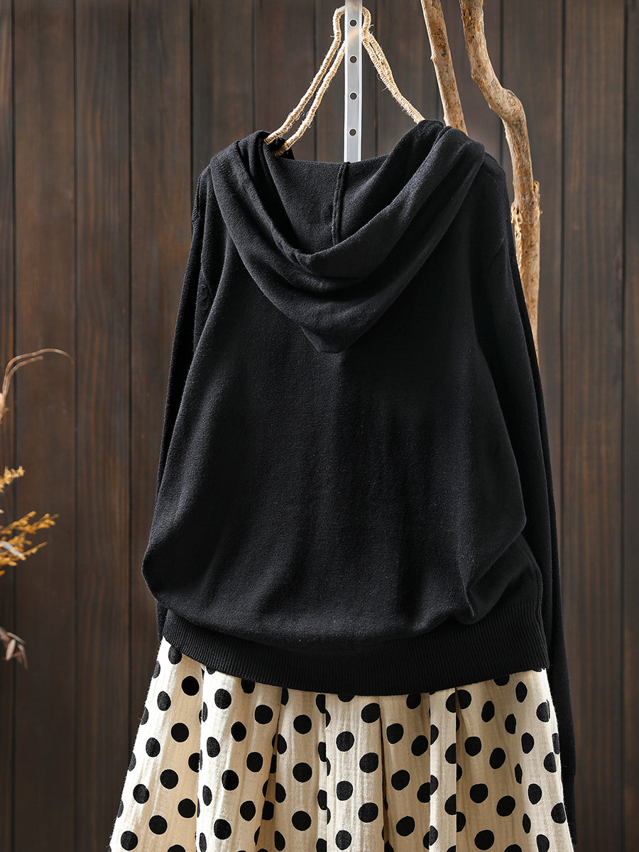 Women Autumn Casual Pure Color Hooded Knitted Blouse