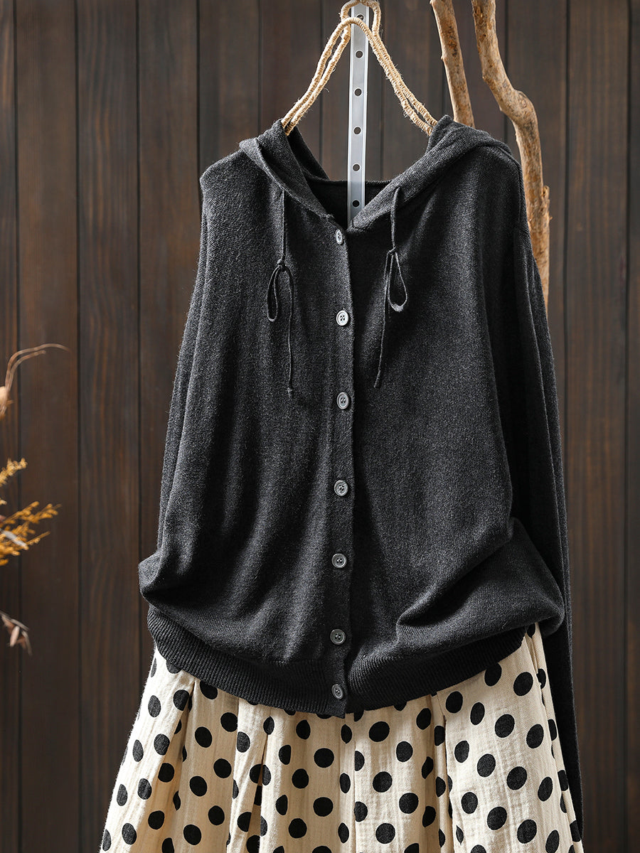 Women Autumn Casual Pure Color Hooded Knitted Blouse